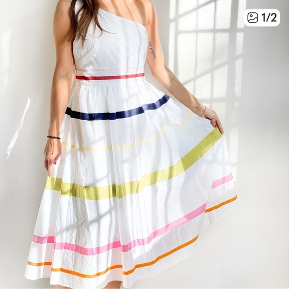 J. Crew Dresses & Skirts - J. Crew White One-Shoulder Dress with Bold Stripes Size 6 NWT